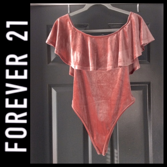 F21 Velvet Off Shoulder Flounce Bodysuit - Picture 4 of 7
